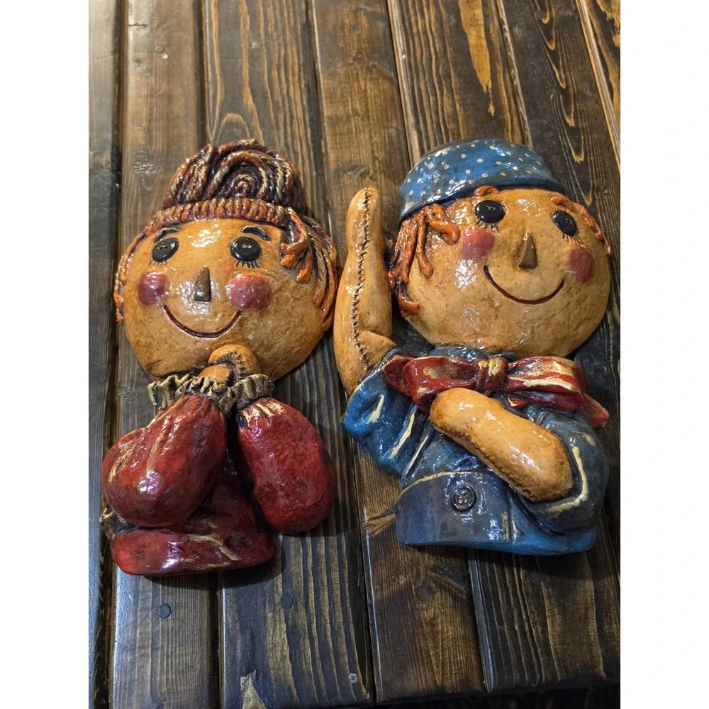 Vintage Pair Raggedy Ann and Andy Face Chalkware Plaster Wall Decor Plaques